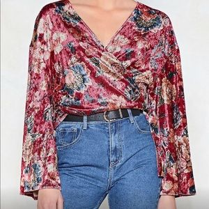 Nasty Gal Velvet Floral Wrap Top | Size US 8